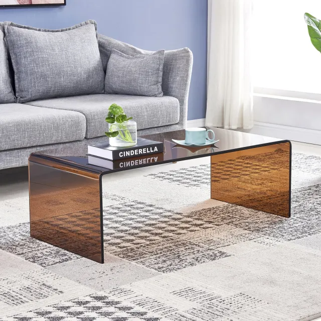 Wishdor Salontafel van gebogen gehard glas - Rechthoekig voor koffie, boeken en decoratie - Waterdicht en eenvoudig afneembaar - Woonkamer kantoor beurs en horeca - Bruin - 100 x 50 x 35 cm