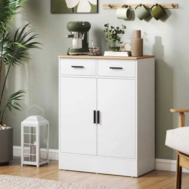 AURA LUMEN Buffetkast-Buffet met 2 deuren en 2 lades-instelbare plank-68,6 x 35 x 90,3 cm-wit en houtlook