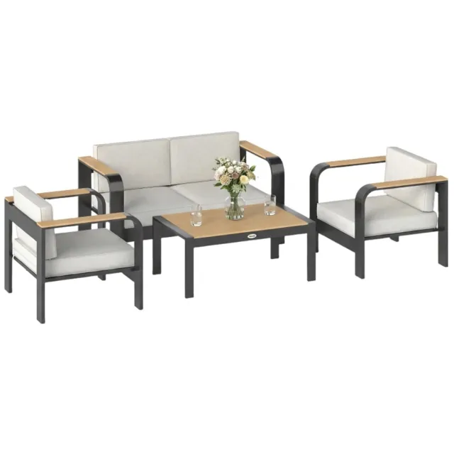 ZYLARO Tuinset - Loungeset met 2-Zitsbank, 2 Fauteuils, Salontafel & Kussens - Tuinmeubelset voor 4 Personen - Waterafstotend - Extra Diep - Tuinbank - Zitset - Tuinsalon - Zitgroep - voor Terras, Balkon, Tuin - Beige Beige + Zwart + Grijs + Teak