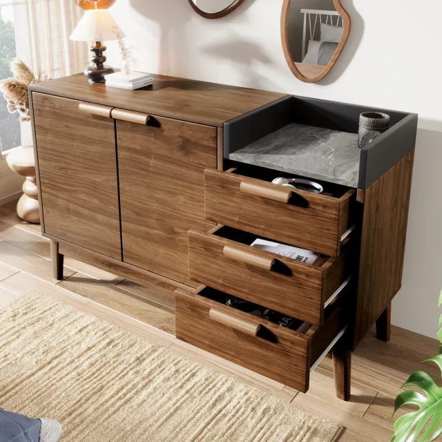 MIVRAY Dressoir - Open Vak En 3 Lades Met Dubbele Deuren - Verstelbare Plank - Marmerlook Blad - Donkere Eik - 120x40x77 Cm Donker Eiken