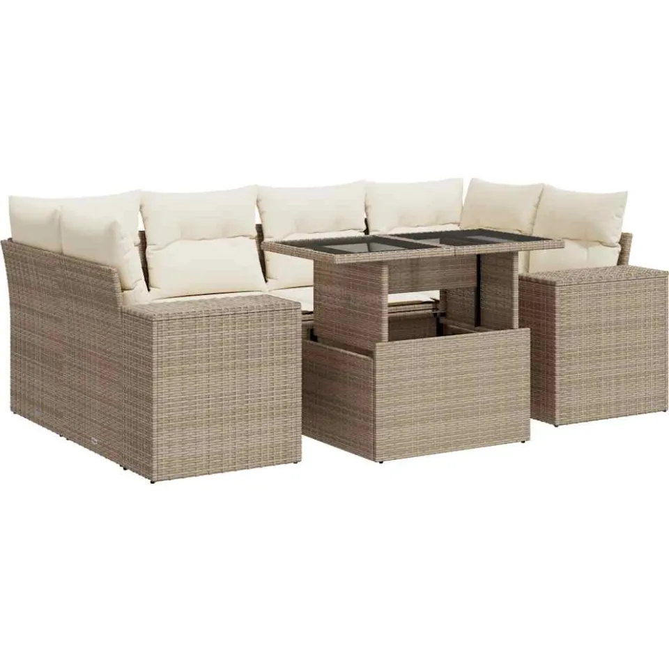 vidaXL 7-delige Loungeset met kussens poly rattan beige, foto 3