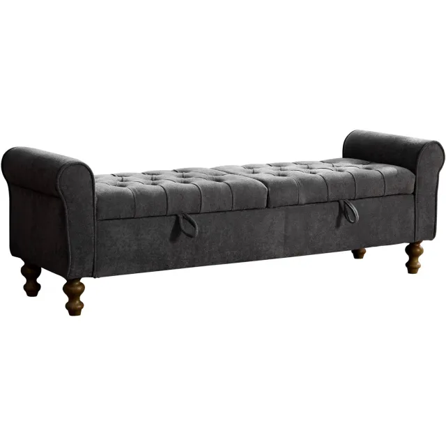 MUVANO Opbergbank met twee klepdeksels - Chenille bekleding - Gerolde armleuningen - 156 x 46 x 51 cm - Zitplek met opbergruimte - Slaapkamer en hal antraciet