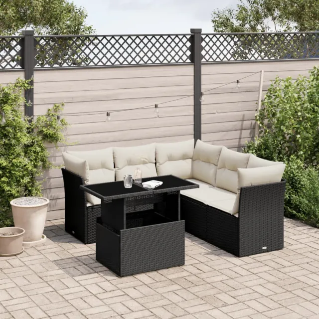 vidaXL 6-delige Loungeset met kussens poly rattan zwart, foto 2