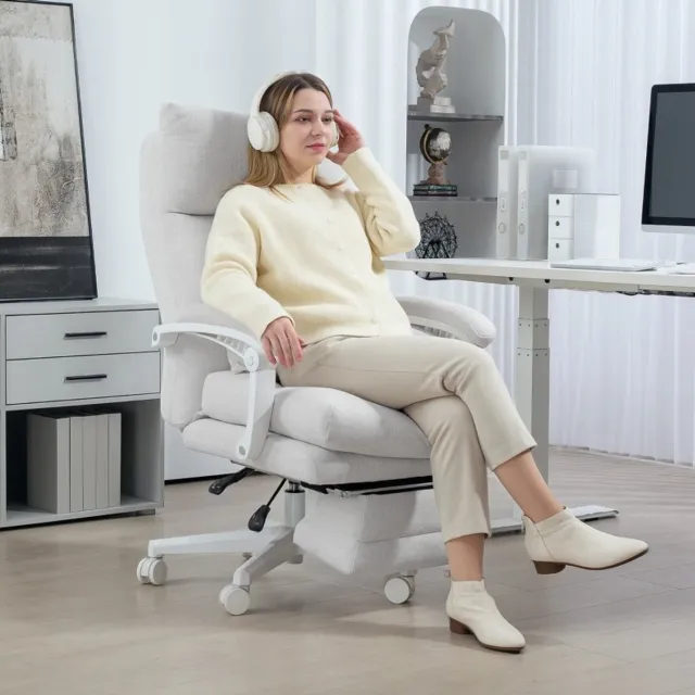 COVREO Bureaustoel 68x70x114-122 cm cream white, stof met linnenlook en voetsteun Crèmewit