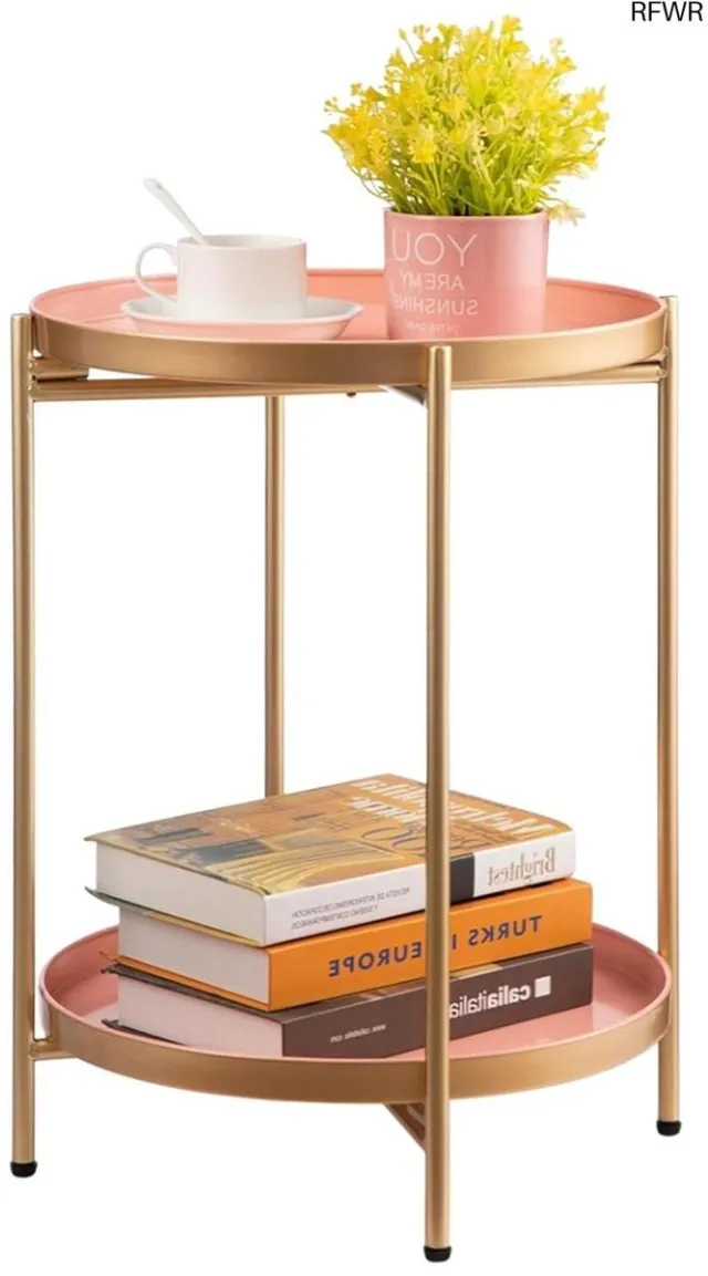 RFWR Ronde Bijzettafel Met 2 Lagen - Multifunctionele Snacktafel voor Woonkamer, Slaapkamer, Balkon en Terras Goud en Roze