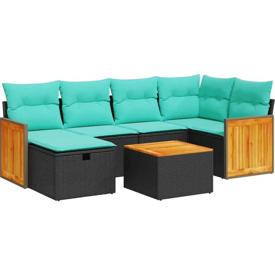 vidaXL 7-delige Loungeset met kussens poly rattan zwart, foto 3