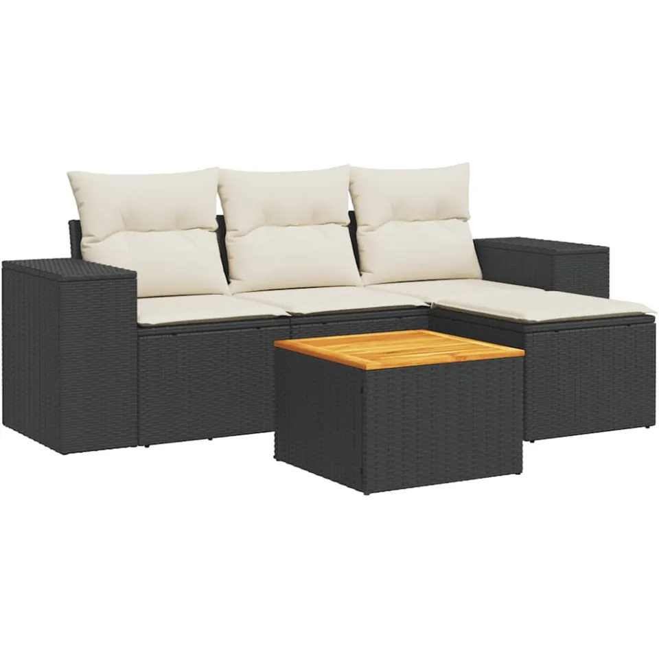 vidaXL 5-delige Loungeset met kussens poly rattan zwart