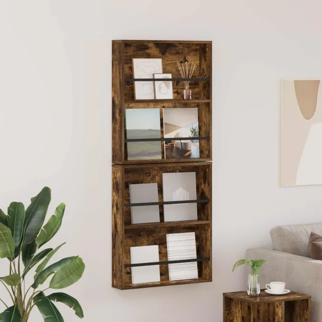 vidaXL Tijdschrift Rek met plank 2 st Gerookt eiken 60 x 12 x 70 cm, foto 2