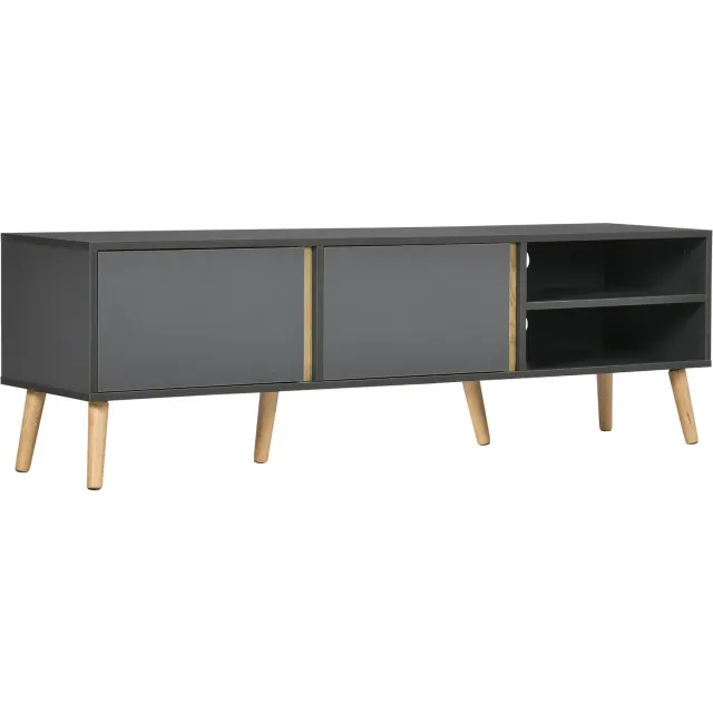 Lunpog Tv-meubel/bank voor tv's tot 55 inch, Scandinavisch design, 2 deuren, 2 planken met kabelmanagement, 150 x 35 x 45 cm, donkergrijs | TV-bank, 2 deuren, 2 uitsparingen, met kabeldoorvoer, voor tv tot 55 inch