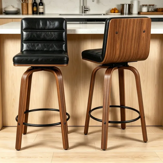Clruro Barkruk - 360° Draaibaar - Gebogen Rug met Voetring - PU-Leer en Beukenhout - Houtkleur Zwart