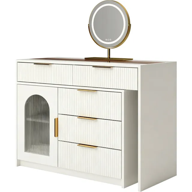 Ropilly Kaptafel Met LED Spiegel - Uitschuifbare Tafel Met Laden En Kastdeur - Flexibele Make-up Tafel Voor Slaapkamer - Wit MDF Met Glasplaat White