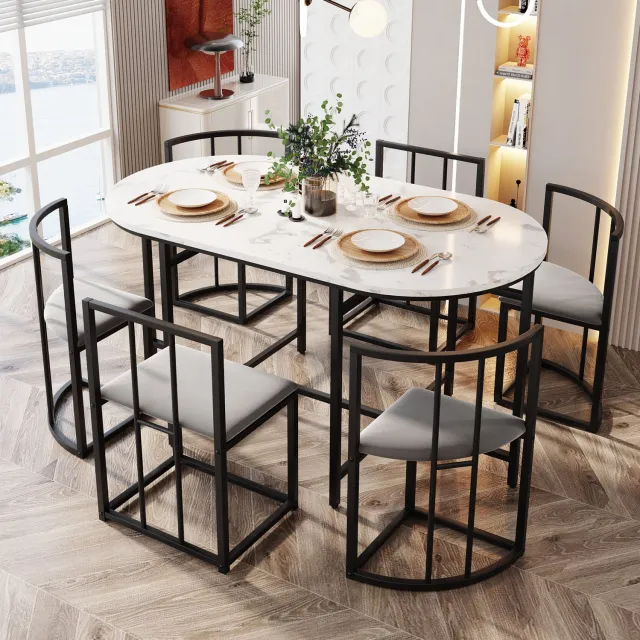 Maisentiel Eettafelset met 6 stoelen - witte ovale MDF-tafel, grijze bekleding en zwart frame
