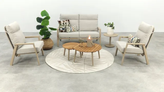 Van der Garde Tuinmeubelen Lagos/Mindo (ronde loungetafelset) verstelbare 4-zits stoel-bank loungeset - Latte/Teak Zand/Hout kleur/Beige/Latte