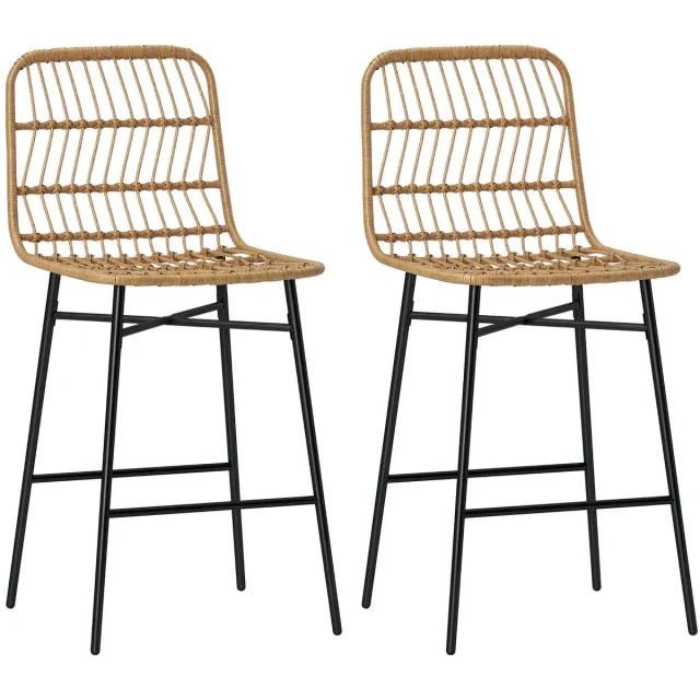 ITRONIQ Barkrukken Set van 2 Rotan – Hoge Barkruk Met Rugleuning – Keukeneiland Kruk – PE Rotan & Staal – Lichtbruin Zwart