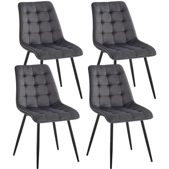 Corenia Set van 4 Moderne Eetkamerstoelen – Grijs - Fluwelen Gewatteerde Stoelen met Ijzeren Poten – Nordic Stoelen voor Keuken en Woonkamer – Zwart Metalen Frame – Minimalistische Eetkamerstoel