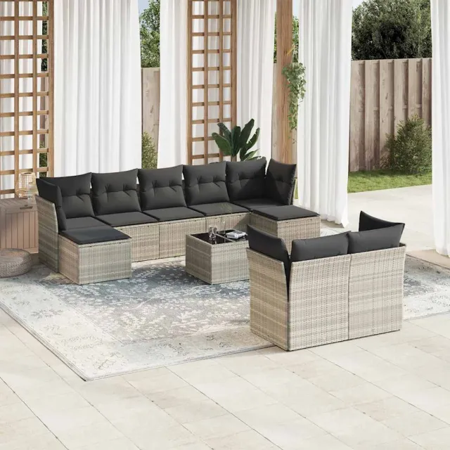 vidaXL 10-delige Loungeset met kussens poly rattan lichtgrijs grijs, foto 2