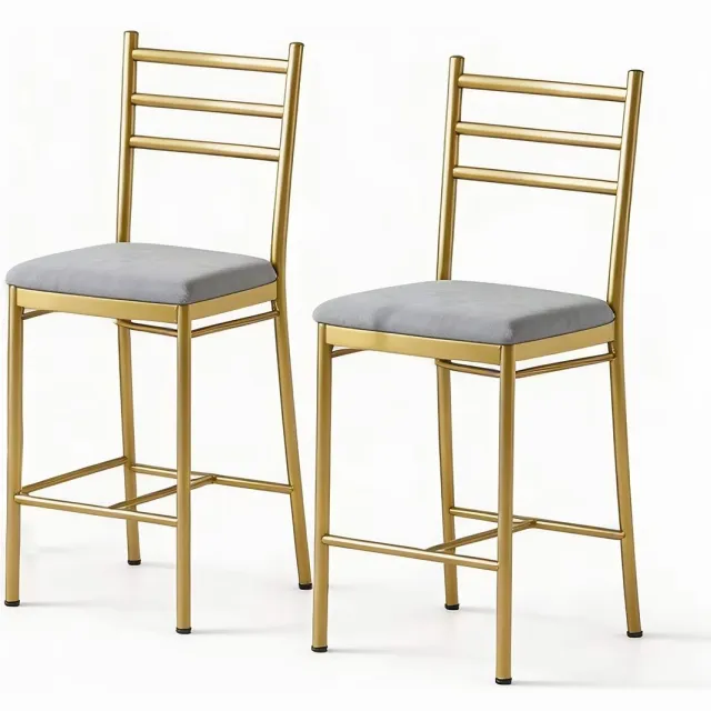 Happiq Set van 2 Barkrukken - Modern Gestoffeerd design - voor keukeneiland en restaurant - Goud PU Leer en Zwart Metaal - Retro Bruin