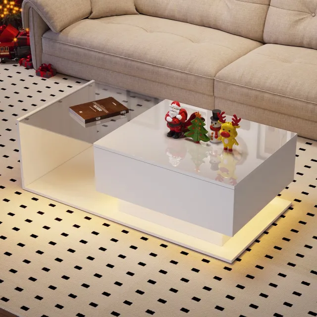 REDOM Luxe Lounge Salontafel met LED & Lade (100x50x32) - Hoogglans Wit met Glas - Zwevend Design - Modern