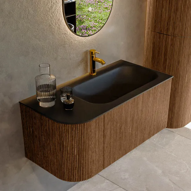 Mondiaz KURVE 95 cm Onderkast Greeploos 1 Lade Met Deuren Walnut, Wastafel Solid Surface Rechts Urban 1 Kraangat Zonder Spiegel (KRVBGS95L1L1D1KR-Wal/Urb)