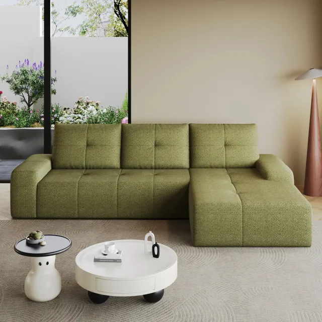 OKWISH Hoekbank 262 x 172 x 82 cm - 3-Zits L-Vorm met Veerkrachtige Schuimvulling - Voor de Woonkamer - Stoffen Bekleding - Olijfgroen