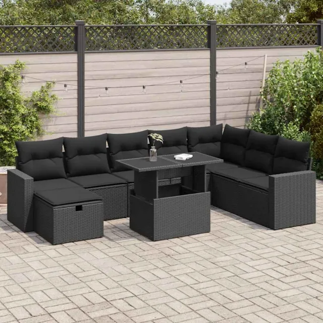 vidaXL 9-delige Loungeset met kussens poly rattan zwart, foto 2