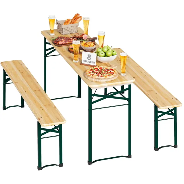 RosaBloom houten biertafelset - Picknickset - Tuinset - Opvouwbaar - Met parasolgat - 170x46x75 cm - Dennenhout en metaal - Natuurlijk hout & Groen