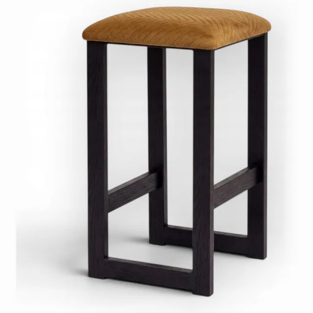 Taborecik Houten Barkruk met Beige Visgraat Velours Zitting - Zwart Metaal