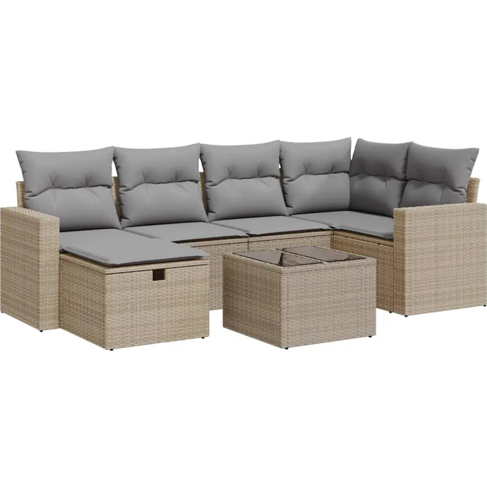 vidaXL 7-delige Loungeset met kussens poly rattan beige, foto 3