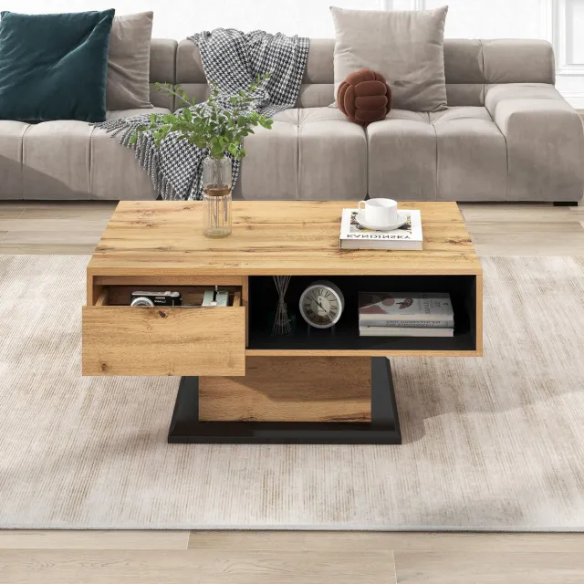 COVREO Salontafel 100 x 60 x 47 cm - met lade, dubbelzijdige opbergruimte, naturel Natural