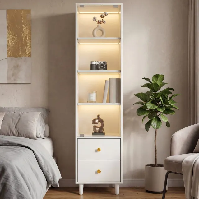 MODFU Boekenkast - LED-Verlichting En 2 Lades - Moderne Stijl - Wit - 165x40x35 Cm