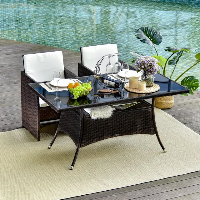 FloraGrace Tuintafel - Eettafel Van Polyrattan Met Veiligheidsglas - Voor Tuin En Terras - Metaal En Glas - 150x85x74 Cm - Bruin Zwart