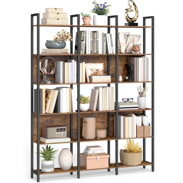 Vasagle Boekenkast - Met 6 Open Planken - Stabiel Stalen Frame - Industrieel Design Vintagebruin-Zwart
