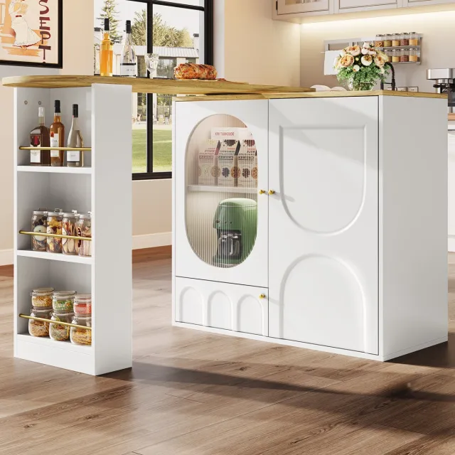 OKWISH Keukeneiland Barmeubel – Draaibare 360° Bijzettafel – 3 Deuren – Uitneembare Scheidingsplanken En Deurrekken – Handdoekhouder En Kruidenrek – MDF Wit 138×39×105 cm