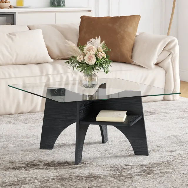 DESMIU Salontafel - Vierkant Veiligheidsglas Met Opbergplank - Voor Woonkamer En Kantoor - MDF En Glas - 80x80x40 Cm - Zwart