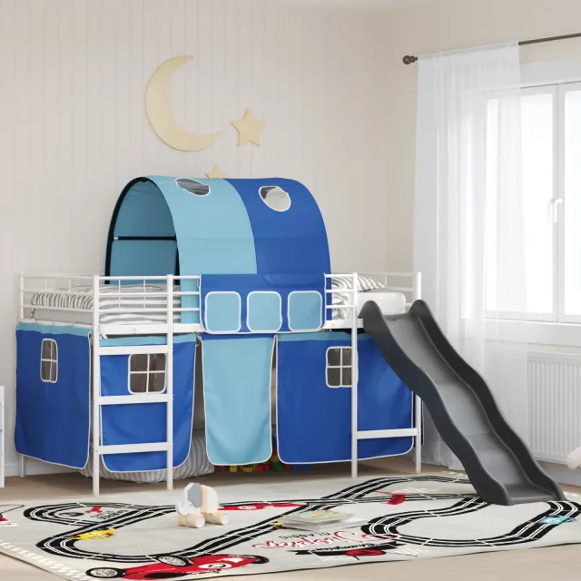 vidaXL Bunkbed voor kinderen met gordijnen Wit en Blauw 80 x 200 cm