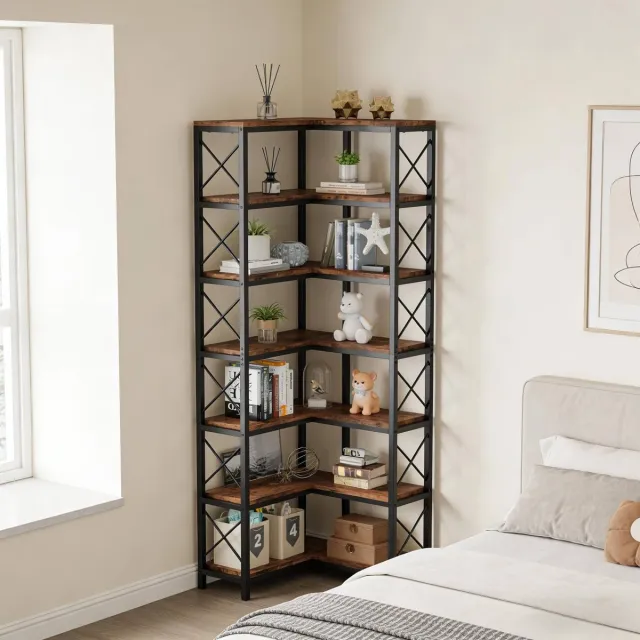 DESMIU Hoekboekenkast – 61 x 60,5 x 202 cm – Industrieel Metaal En Hout – Zwart En Rustiek Bruin – 14 Open Vakken