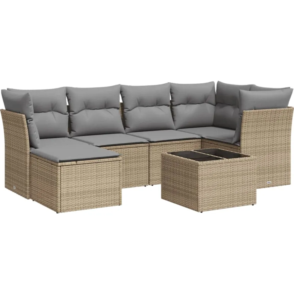 vidaXL 7-delige Loungeset met kussens poly rattan beige
