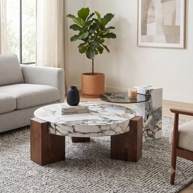 HAUSS SPOLE Salontafel - Ronde Tweedelige Set Met Marmerlook - Samen Of Apart Voor Woonkamer En Slaapkamer - MDF - Wit En Zwart - 61 En 44 Cm