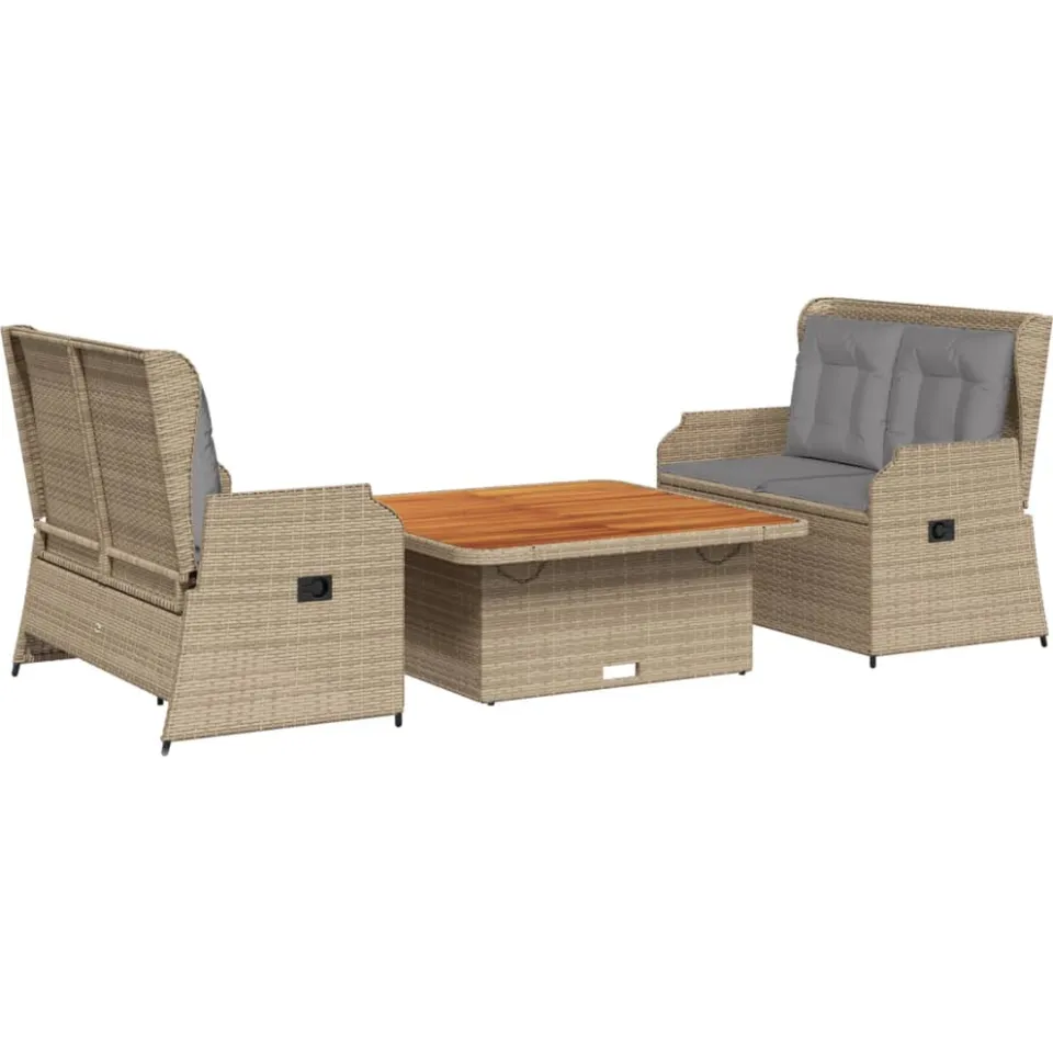 vidaXL 3-delige Loungeset met kussens poly rattan beige, foto 3