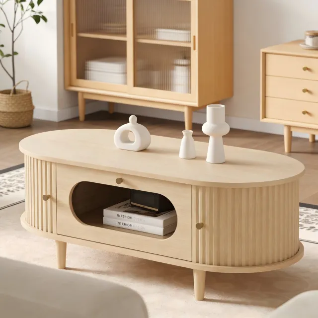 MODENUIT Salontafel - Met Lade En Roldeur Voor Woonkamer Of Slaapkamer - MDF En Glas - 100x50x36 Cm - Eikenkleur