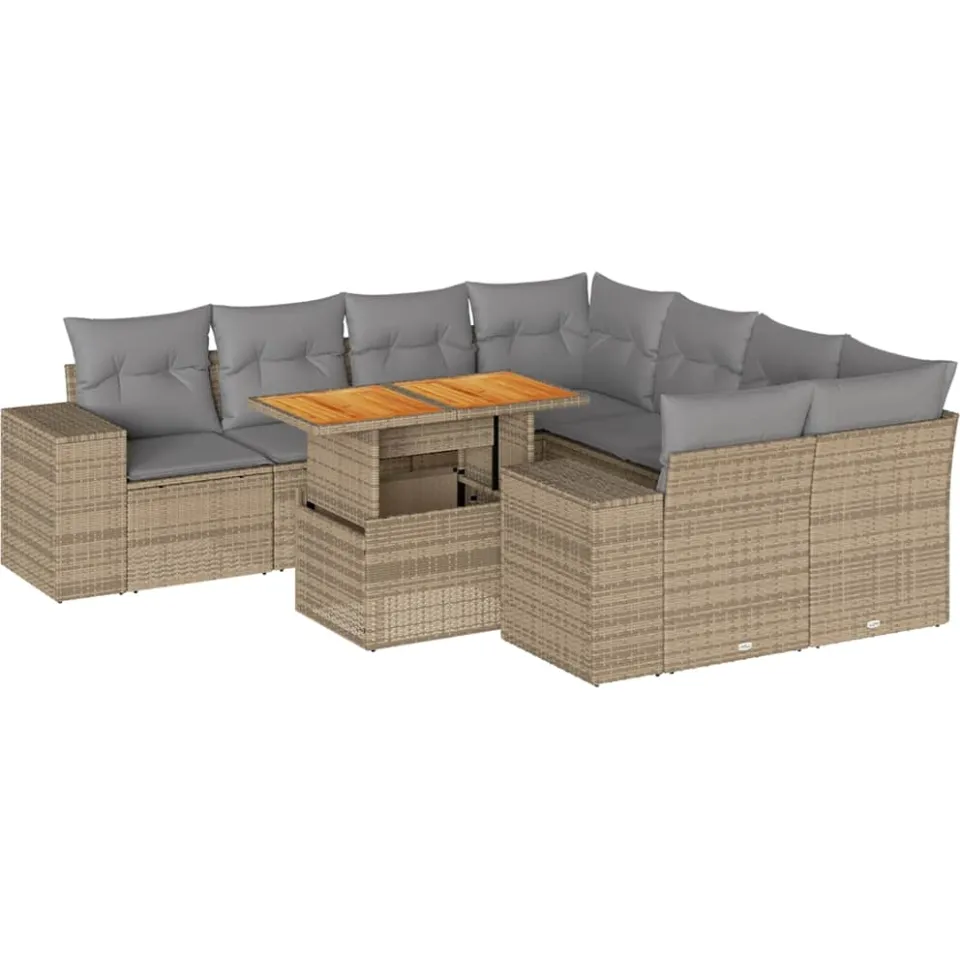 vidaXL 9-delige Loungeset met kussens poly rattan beige, foto 3