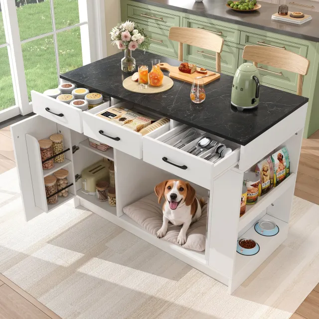WUVRIE Keukeneiland 120x60x90 cm - 3 lades, kruidenrek en verstelbare plank - Wit