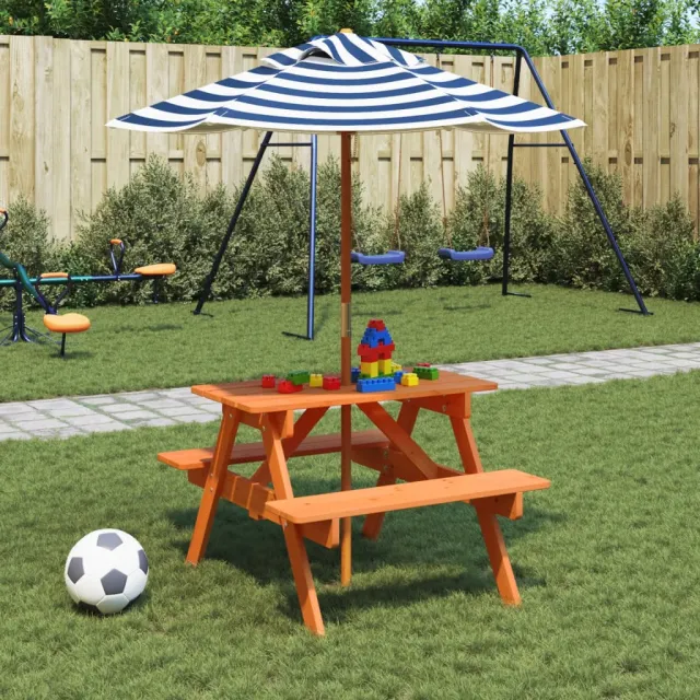 vidaXL Picknicktafel voor 4 kinderen met parasol massief vurenhout bruin, foto 2
