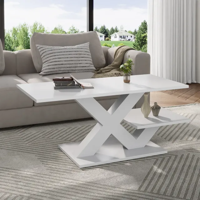 DantefHandels Salontafel, Rechteck in wit, Doppelte Arbeitsplatte, Insgesamt hoher Glanz, bijzettafel, salontafel, woonkamertafel van MDF, tot 10 kg belastbar, 100x48x45cm