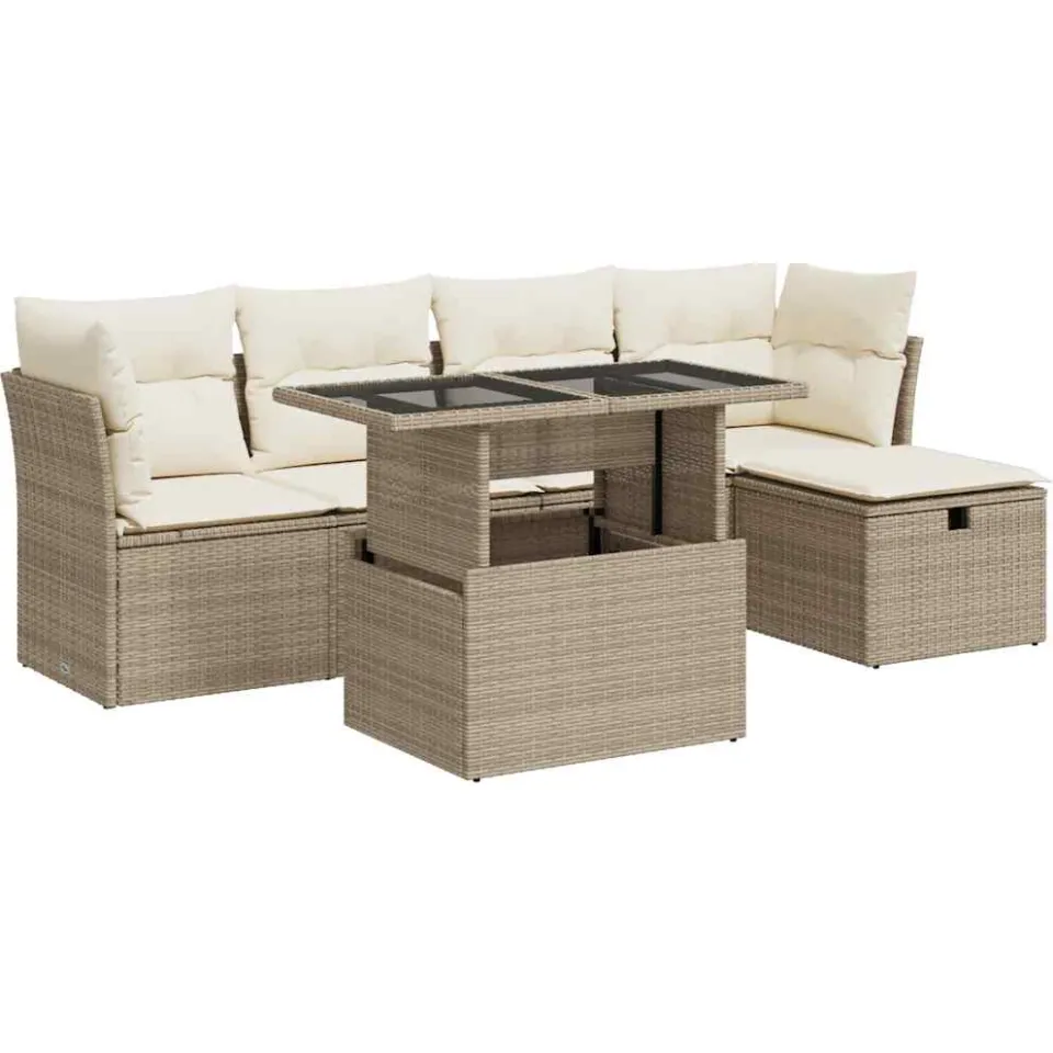 vidaXL 6-delige Loungeset met kussens poly rattan beige, foto 3