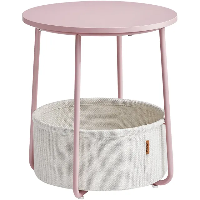 FurnStar Ronde Bijzettafel met Stoffen Opbergmand - Moderne Salontafel - Nachtkastje voor Woonkamer en Slaapkamer - Roze- Wit Roze en wolkwit