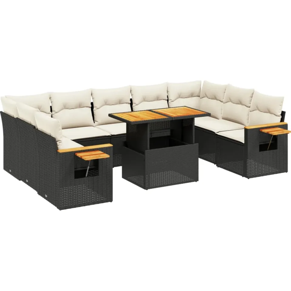 vidaXL 10-delige Loungeset met kussens poly rattan zwart