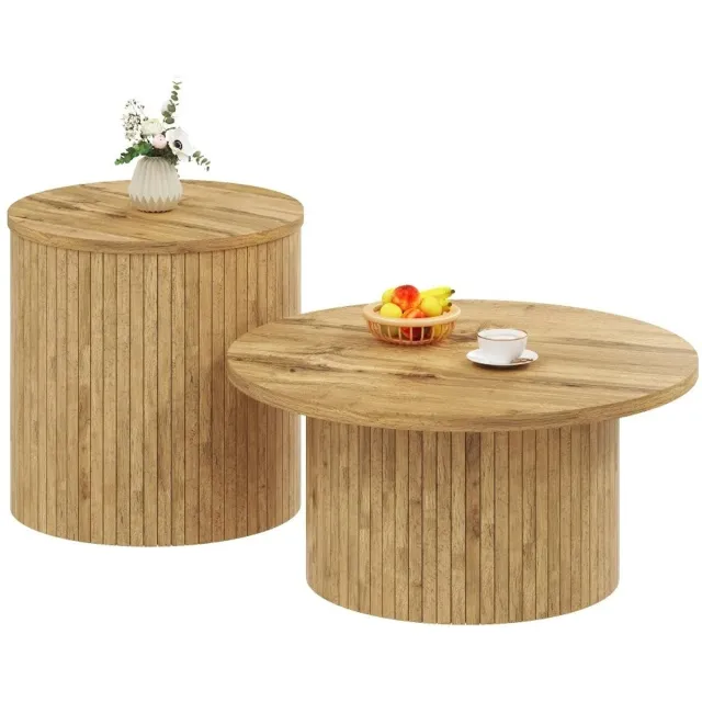 Jurrys Salontafel - Bijzettafels - Decoratietafeltjes - Set van 2 - Rond - Hout - Natuurlijk - Modern - 75 x 75 x 36 cm - MDF Bruin