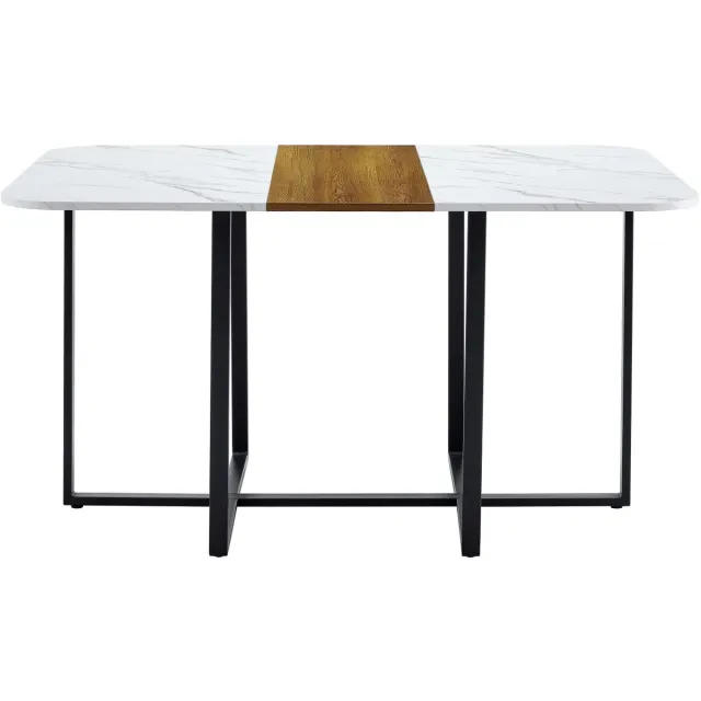 DESMIU Eettafel - Marmerlook En Houtlook Met Zwart Metalen Frame - Voor 4 Tot 6 Personen - MDF - 150x100x78,5 Cm - Zwart Wit Houtlook