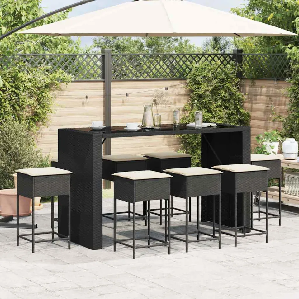 vidaXL 9-delige Tuinbarset met kussens poly rattan zwart, foto 3